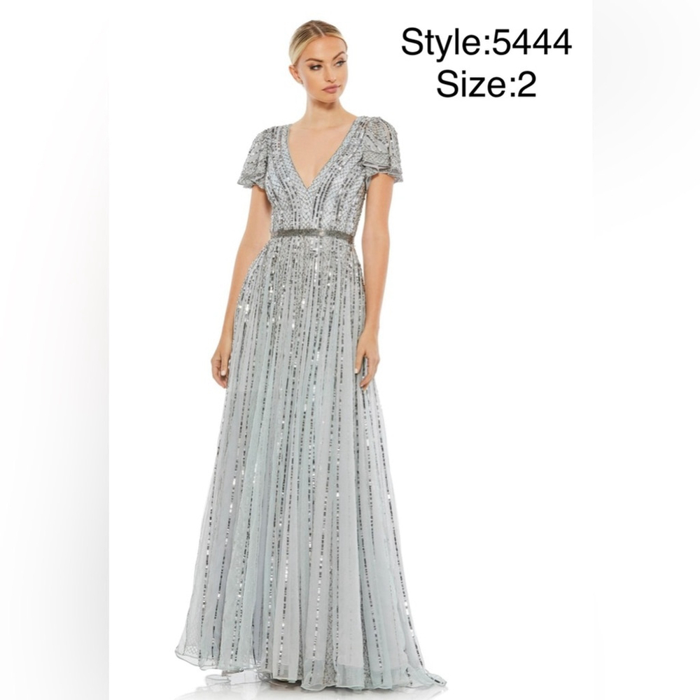 Cap sleeve embellished A-line blue slate gown
